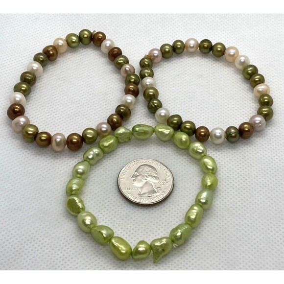 Freshwater Pearl Strand Stretchy Bracelet Lot of (3) Green White Brown 7-7.5'' - Picture 2 of 6